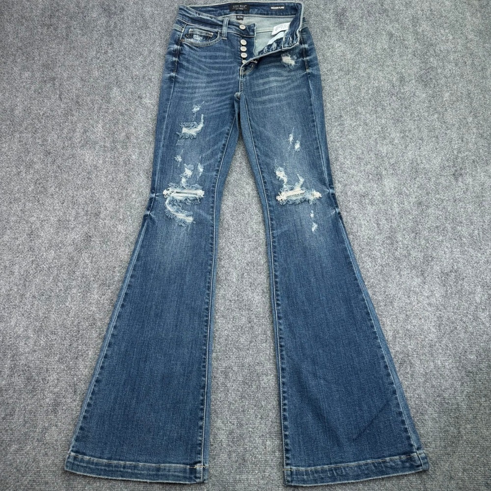 Judy Blue Jeans Womens 0/24 (Fit 26x33) Blue Trouser Flare Button Fly Distressed